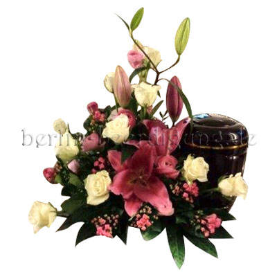 Urnenschmuck Nebengesteck mit Lilien und Rosen in Weiß und Purpur