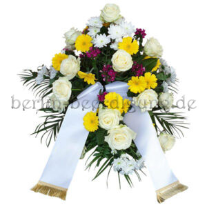 Blumengesteck zur Beerdigung in Gelb-Weiß mit Schleifenbändern