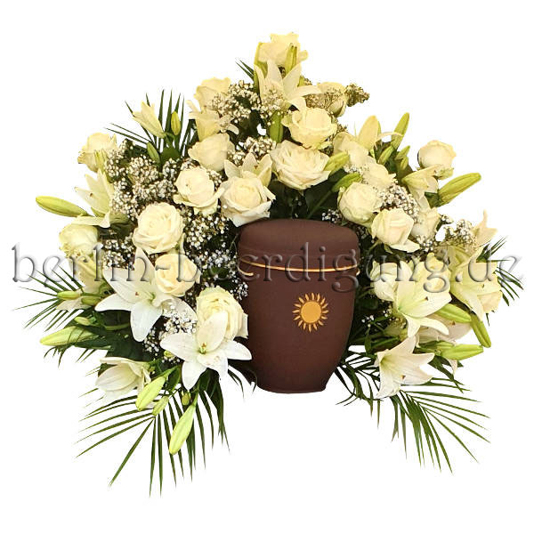 Aufwendiges Urnenhintergesteck aus weißen Rosen und duftenden Lilien