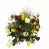 Trauergesteck aus bunten Rosen und natürlichem Grün