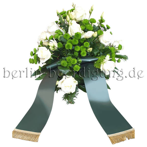Gesteck aus Blumen zur Bestattung in Grün Weiß mit Schleifenband