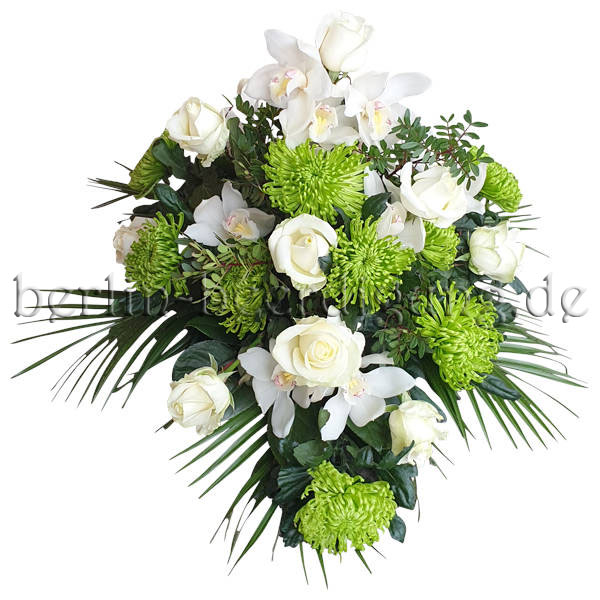 Gesteck aus Blumen zur Bestattung in Grün Weiß ohne Schleife