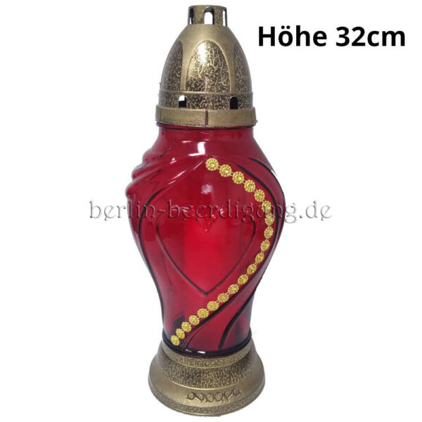 Große Grabkerze 32cm | rotes Glas und goldene Glitzerdekoration