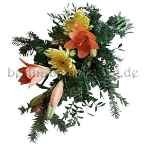 Handstrauß mit Lilien und Chrysanthemen rot-gelb