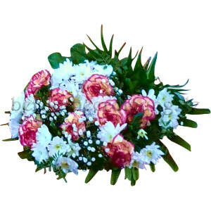 Trauerstrauß in Weiß-Pink mit Nelken und Chrysanthemen für Beerdigungen und Trauerfeiern.