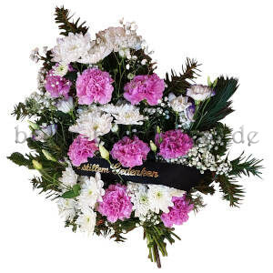 Trauergesteck in Pink und Weiß mit Trauerband zur Beisetzung