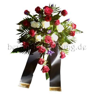 Trauergesteck aus Rosen in Rot-Weiß mit Schleifenband