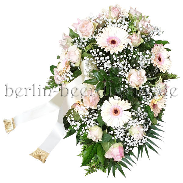 Ovales Trauergesteck für Beerdigung | Weiß Rosé