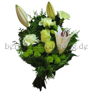 Trauerstrauß gebunden mit Rosen Nelken Lilien Chrysanthemen in Weiß Grün