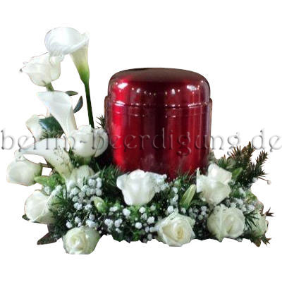 Urnenkranz mit weißen Rosen, Calla und Schleierkraut