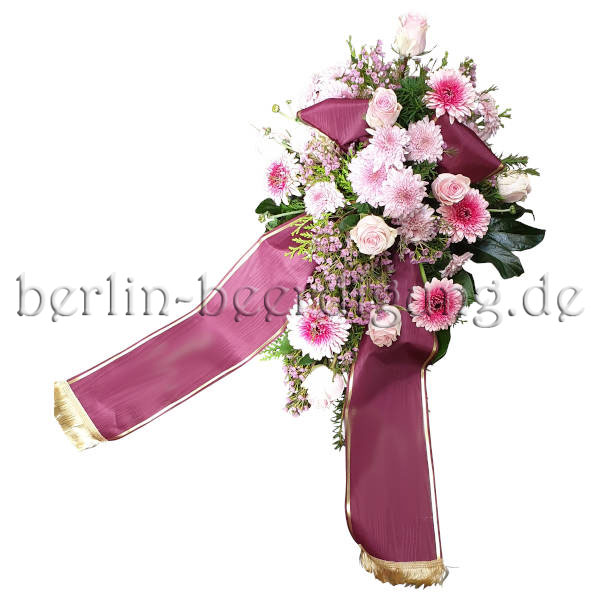Bildschönes Trauergesteck in Pink Rosé mit Trauerschleife